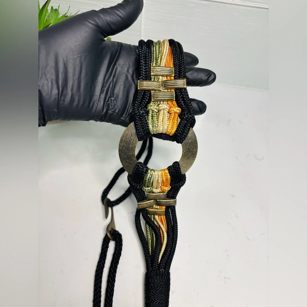 Vintage 80s Mixed Metallic Braided Cord Belt Earth Tones Hook Buckle